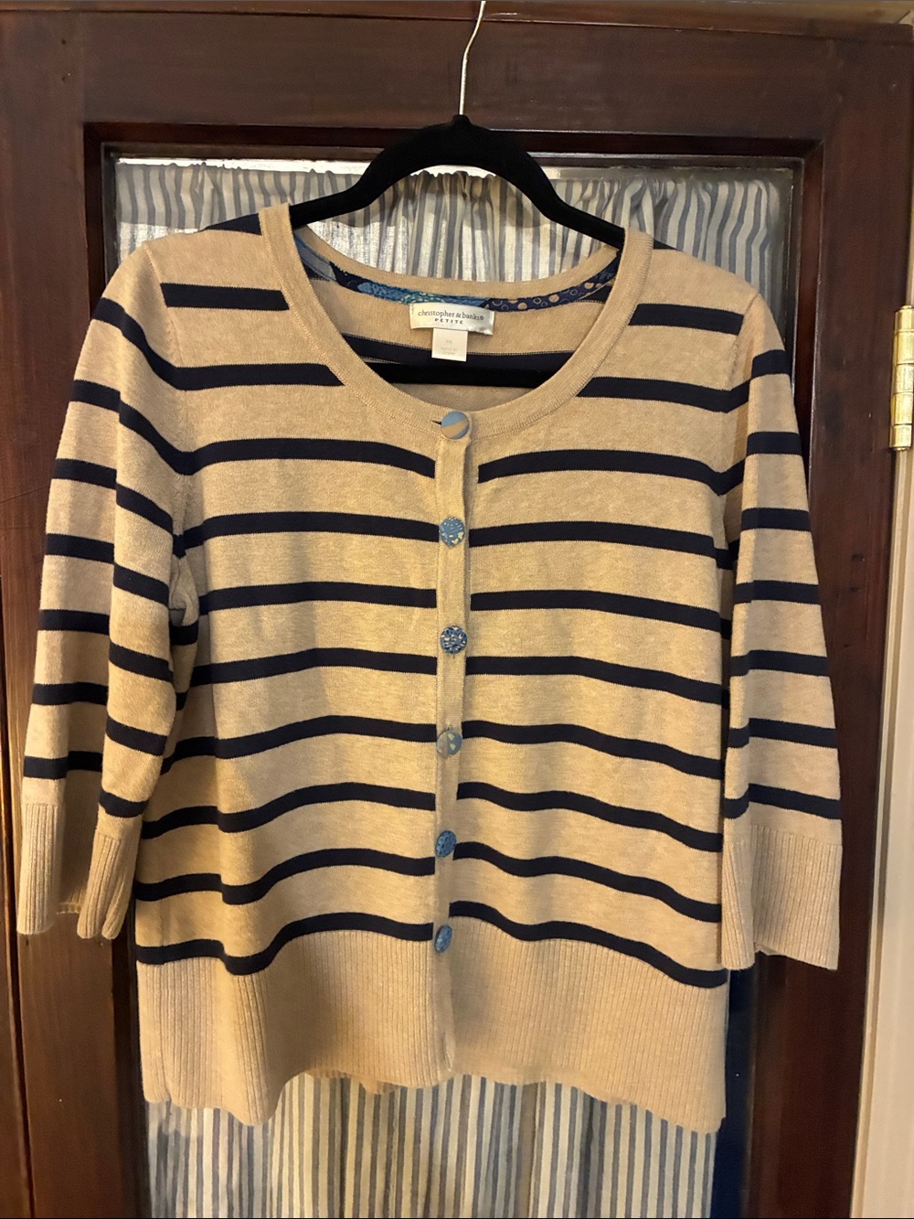 Christopher & Banks Beige and Navy Striped Button-Front Cardigan